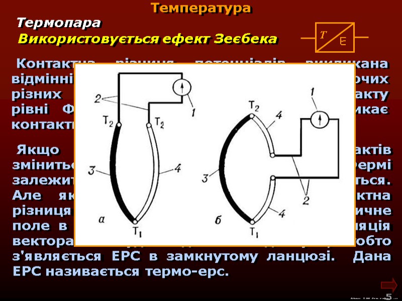 М.Кононов © 2009  E-mail: mvk@univ.kiev.ua 5  Температура Використовується ефект Зеєбека  Контактна